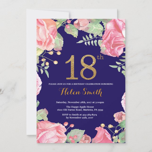 Floral 18th Birthday Gold Glitter Navy Blue Invitation (Front)