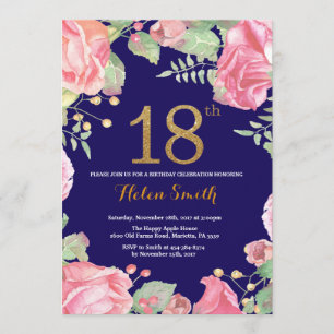 Floral 18th Birthday Gold Glitter Navy Blue Invitation