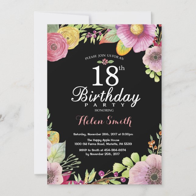 Floral 18th Birthday Invitation for Women (Front)