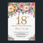 Floral 18th Birthday Invitation Gold Glitter<br><div class="desc">Floral 18th Birthday Invitation for Women. Watercolor Floral Flower. Gold Glitter. Pink,  Yellow,  Orange,  Purple Flower. Adult Birthday. For further customisation,  please click the "Customise it" button and use our design tool to modify this template.</div>