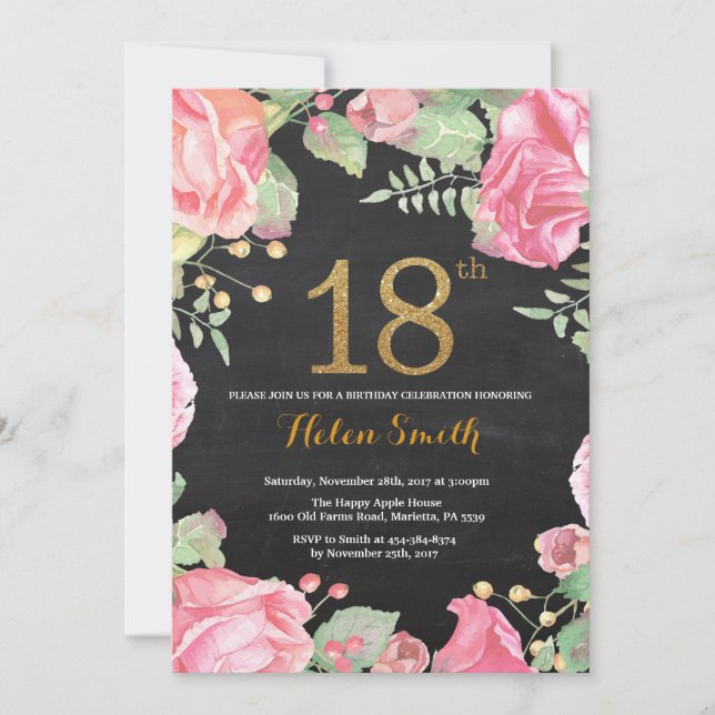 Floral 18th Birthday Invitation Gold Glitter (Front)