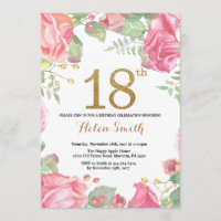 Floral 18th Birthday Invitation Gold Glitter