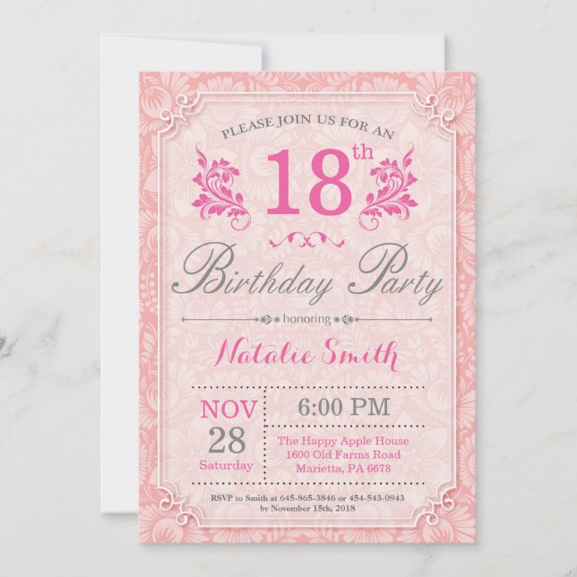 Floral 18th Birthday Invitation Pink for Women (Front)