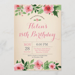 Floral 18th Birthday Invitation Pink Watercolor