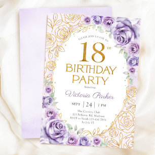 Floral 18th Birthday Lilac Purple Gold Invitation
