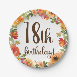 Floral 18th Birthday Paper Plate