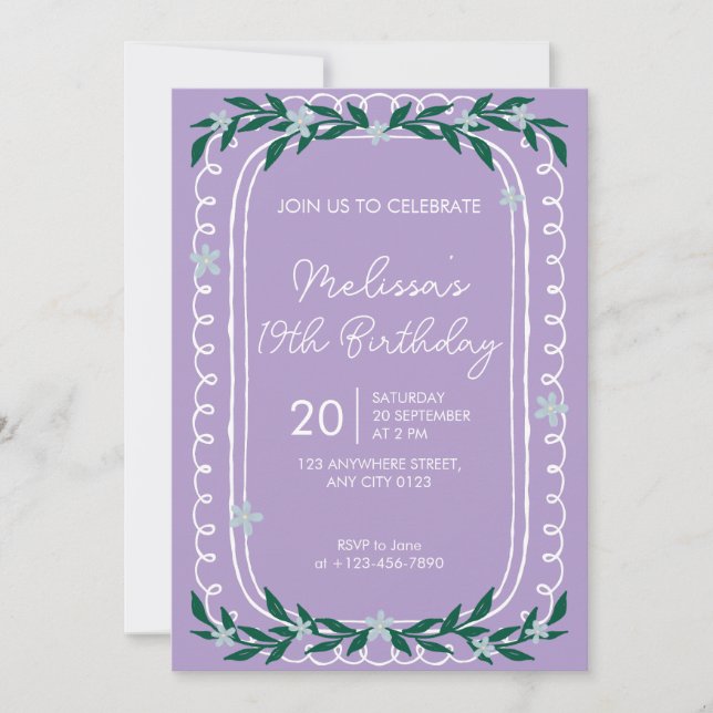 Floral 19th Birthday Invitation Lilac Coquette (Front)