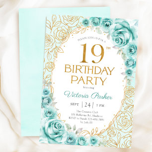 Floral 19th Birthday Turquoise Gold Invitation