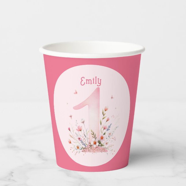 Floral 1st Birthday Custom One Fairy Princess Paper Cups (Front)