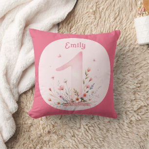 Floral 1st Birthday PHOTO Gift Daughter Girls Cushion