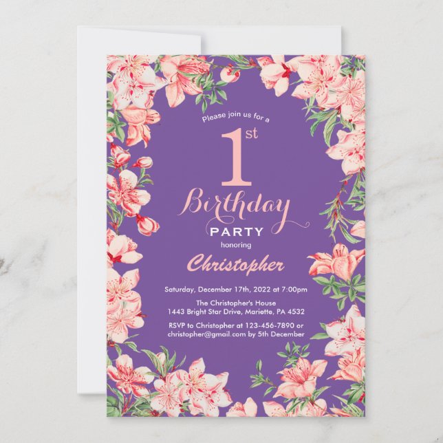 Floral 1st Birthday Pink Flowers Purple Violet Invitation (Front)