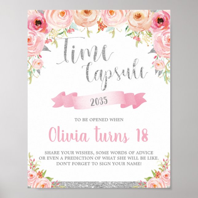 Floral 1st Birthday Time Capsule Game Activity Poster (Front)