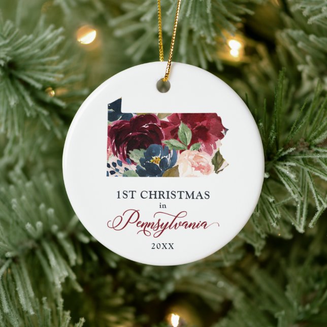 Floral 1st Christmas In Pennsylvania Personalised Ceramic Ornament (Tree)
