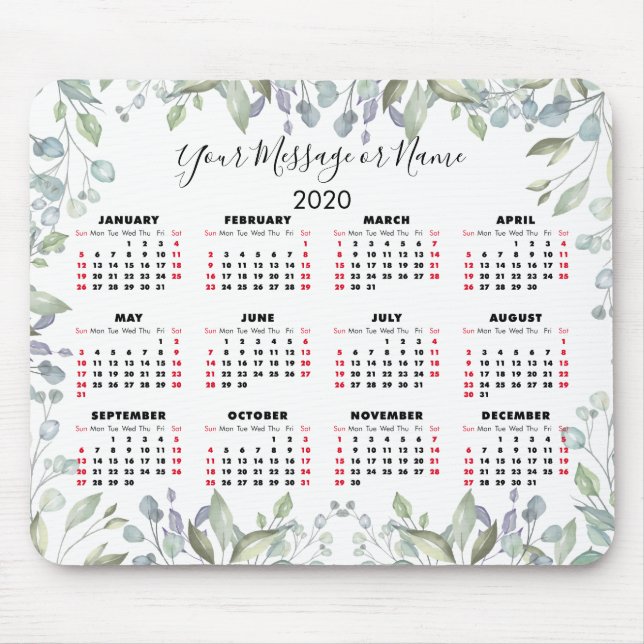 Floral 2020 Calendar Your Message or Name Mouse Pad (Front)