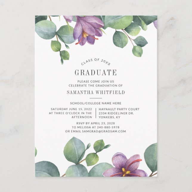 Floral 2025 ucalyptus Graduation Party Invitation Postcard (Front)