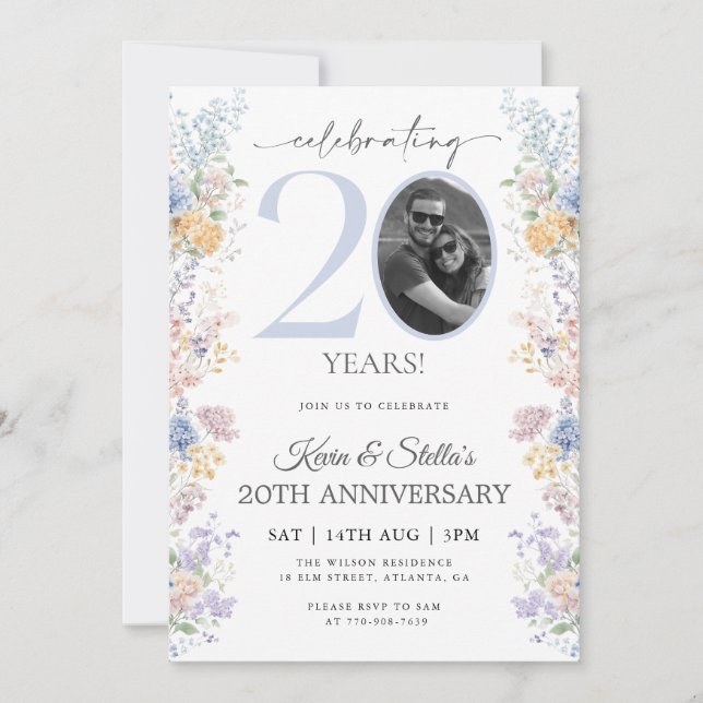 Floral 20th Anniversary Invitation With Photo (Front)