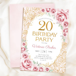 Floral 20th Birthday Blush Pink Gold Feminine Invitation