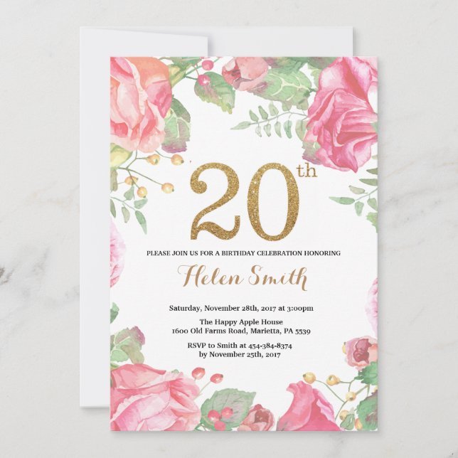 Floral 20th Birthday Invitation Gold Glitter (Front)