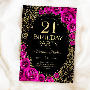 Floral 21st Birthday Fuchsia Pink Black & Gold Invitation