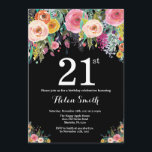 Floral 21st Birthday Invitation<br><div class="desc">Floral 21st Birthday Invitation for Women. Watercolor Floral Flower. Black Chalkboard Background. Pink,  Yellow,  Orange,  Purple Flower. Adult Birthday. For further customisation,  please click the "Customise it" button and use our design tool to modify this template.</div>