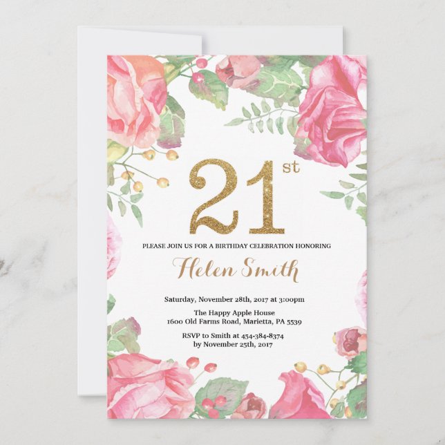 Floral 21st Birthday Invitation Gold Glitter (Front)