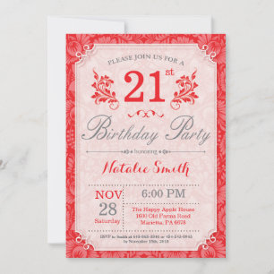 Floral 21st Birthday Invitation Red for Women