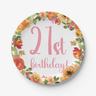 Floral 21st Birthday Paper Plate