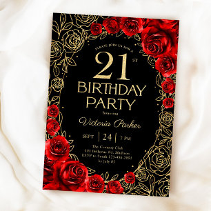 Floral 21st Birthday Red Black Gold Invitation