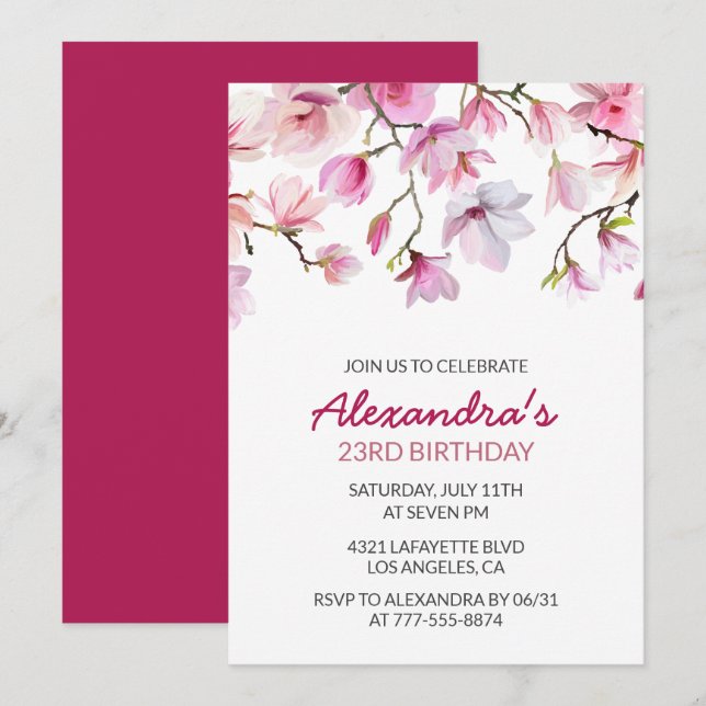 Floral 23rd birthday invitation Watercolor Pink (Front/Back)