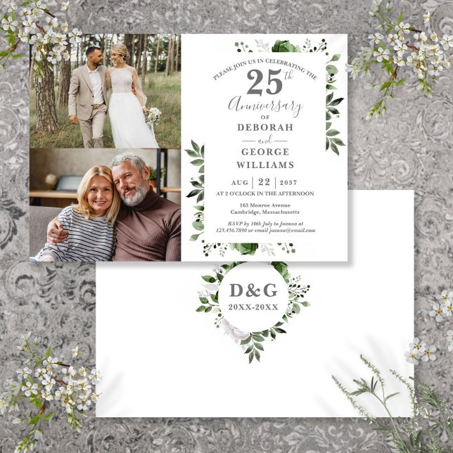 Floral 25th Wedding Anniversary Then & Now 2 Photo Invitation (Floral 25th Wedding Anniversary Then & Now 2 Photo Invitation)