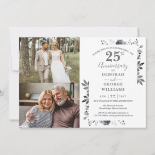 Floral 25th Wedding Anniversary Then & Now 2 Photo Invitation