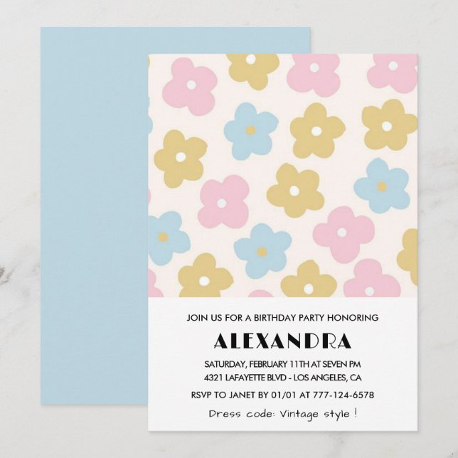Floral 26th birthday invitations Retro Blue Pink  (Front/Back)