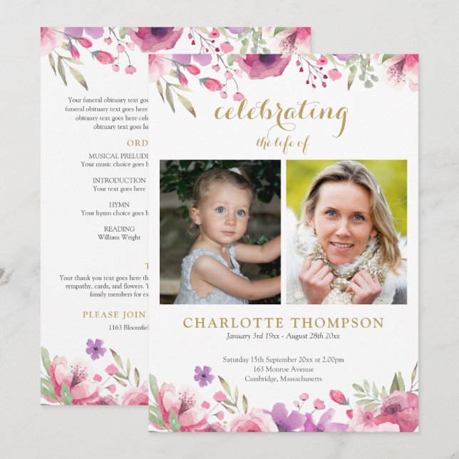 Floral 2 Photo Funeral Memorial Order Of Service Program (Front/Back)