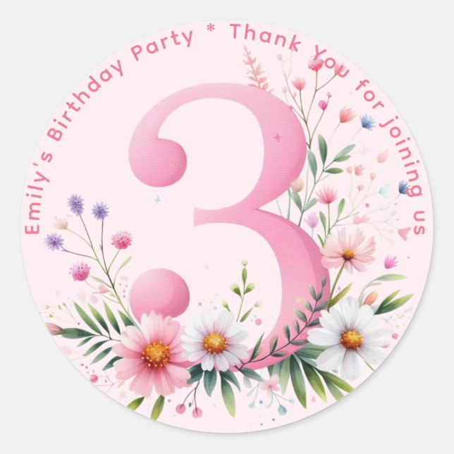 Floral 2nd Birthday Thank You Favour Two Custom Classic Round Sticker (Front)