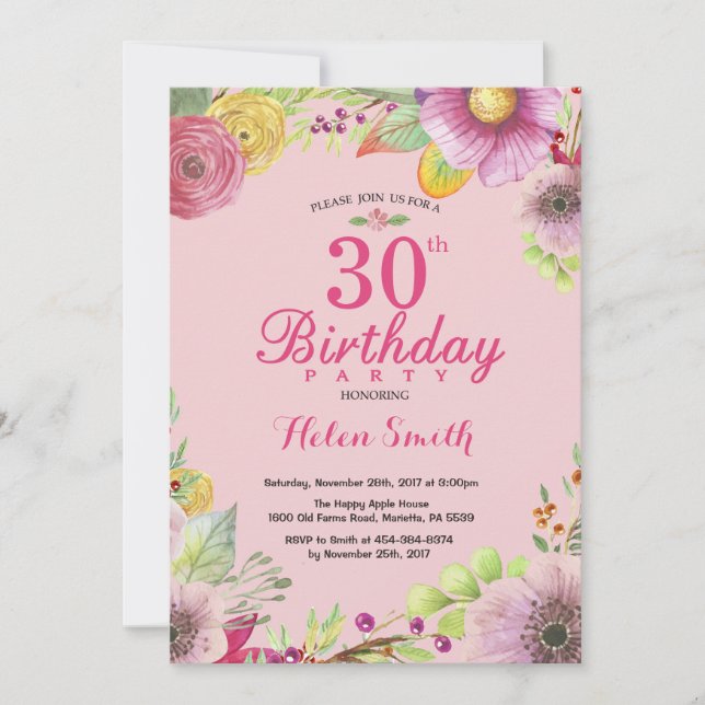 Floral 30th Birthday Invitation for Women (Front)