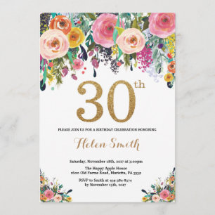 Floral 30th Birthday Invitation Gold Glitter