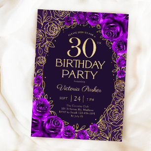 Floral 30th Birthday Purple Gold Invitation