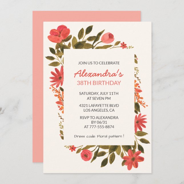 Floral 38th birthday invitations Boho Elegant (Front/Back)