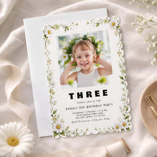 Floral 3rd Birthday Photo Invitation