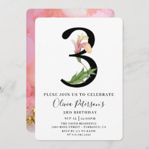 Floral 3rd Birthday With Custom Photo Invitation 