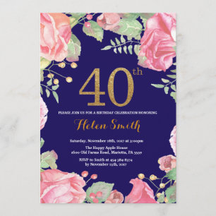 Floral 40th Birthday Gold Glitter Navy Blue Invitation