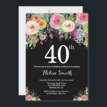 Floral 40th Birthday Invitation<br><div class="desc">Floral 40th Birthday Invitation for Women. Watercolor Floral Flower. Black Chalkboard Background. Pink,  Yellow,  Orange,  Purple Flower. Adult Birthday. For further customisation,  please click the "Customise it" button and use our design tool to modify this template.</div>