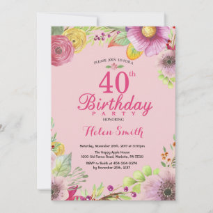 Floral 40th Birthday Invitation for Women Pink
