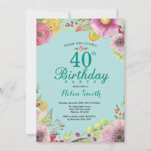 Floral 40th Birthday Invitation for Women Teal