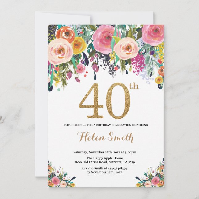 Floral 40th Birthday Invitation Gold Glitter (Front)