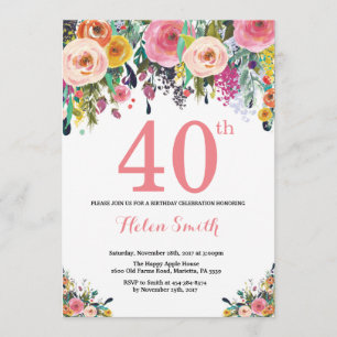 Floral 40th Birthday Invitation Pink