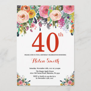 Floral 40th Birthday Invitation Red