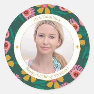 Floral 40th birthday photo elegant feminine classic round sticker