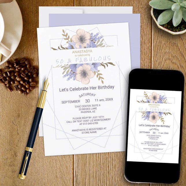 Floral 50 and Fabulous Violet Peach Rose Birthday Invitation (This template birthday invitation can be ordered as a printed product and / or downloadable.)