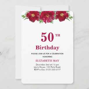 Floral 50th, 60th Birthday on Burgundy & Black Invitation